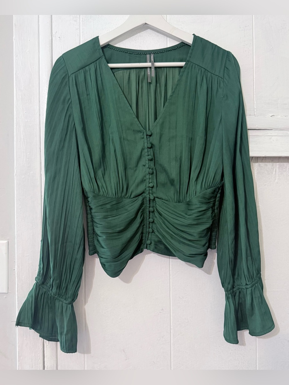 Anthropologie Emerald Green V-Neck Ruched Button Front Blouse